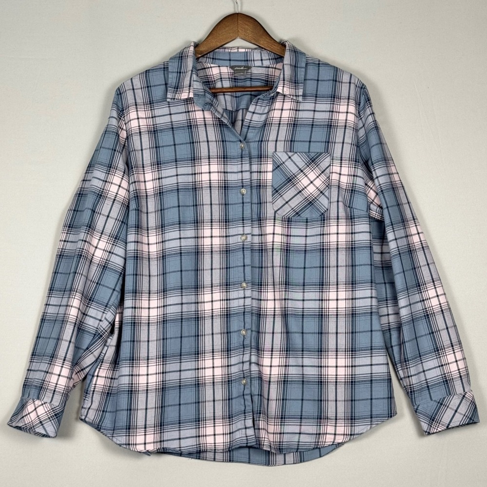 Eddie Bauer Plaid Button Down Shirt Womens XL Blue Pink NWOT Long Sleeve Pocket